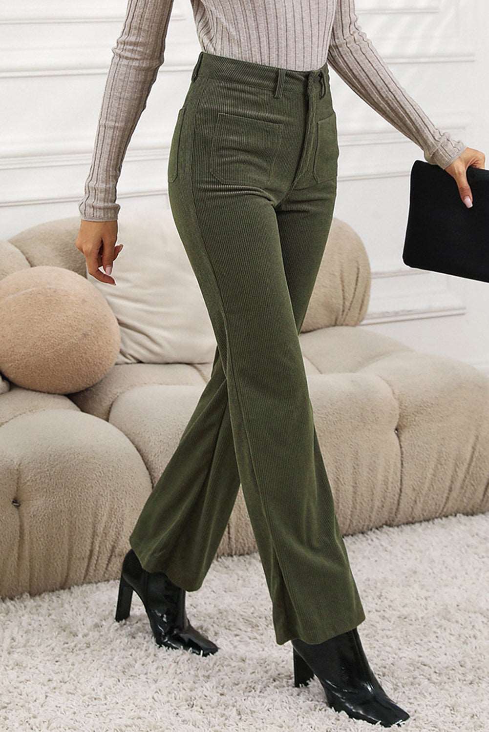 Brown High Waist Pockets Corduroy Flare Leg Pants