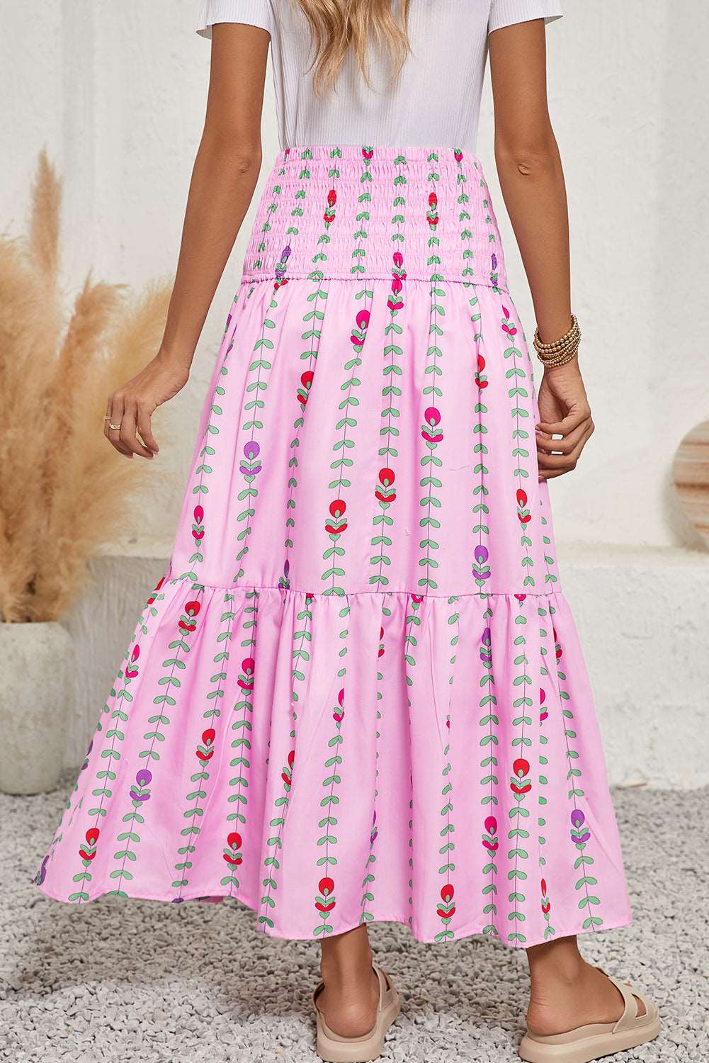 Pink Smocked Waist Tiered Maxi Skirt