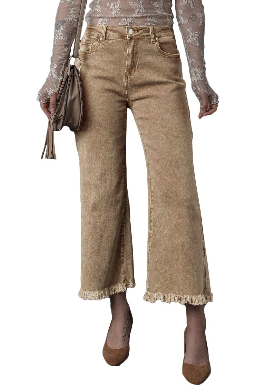 Light French Beige Acid Washed High Rise Cropped Jeans