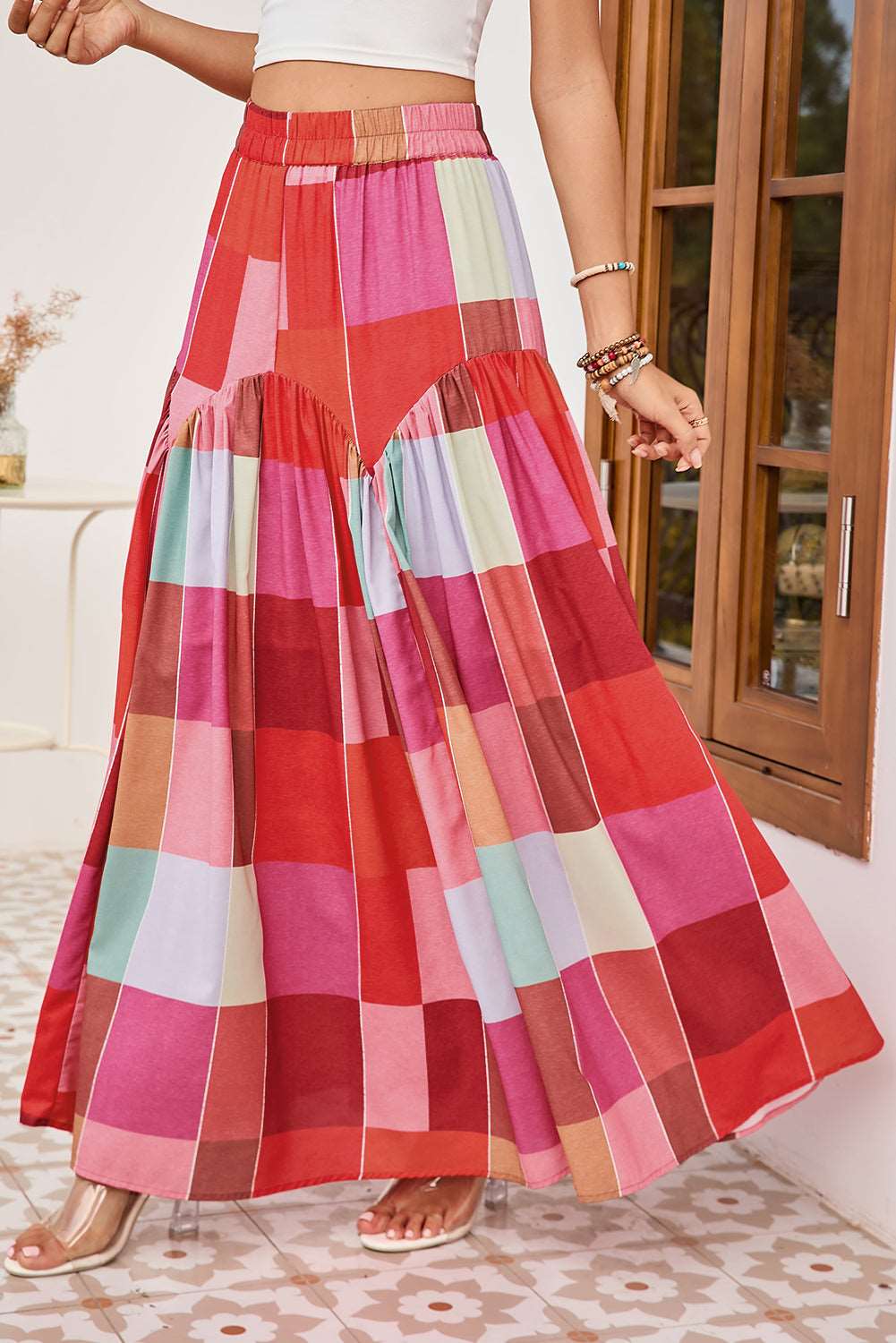 Multicolor Plaid Boho High Waist Maxi Skirt