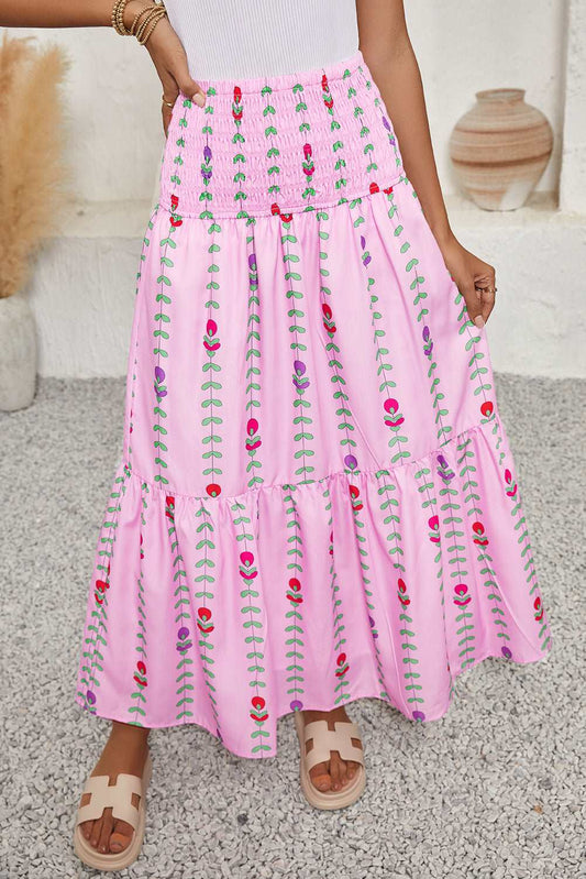 Pink Smocked Waist Tiered Maxi Skirt