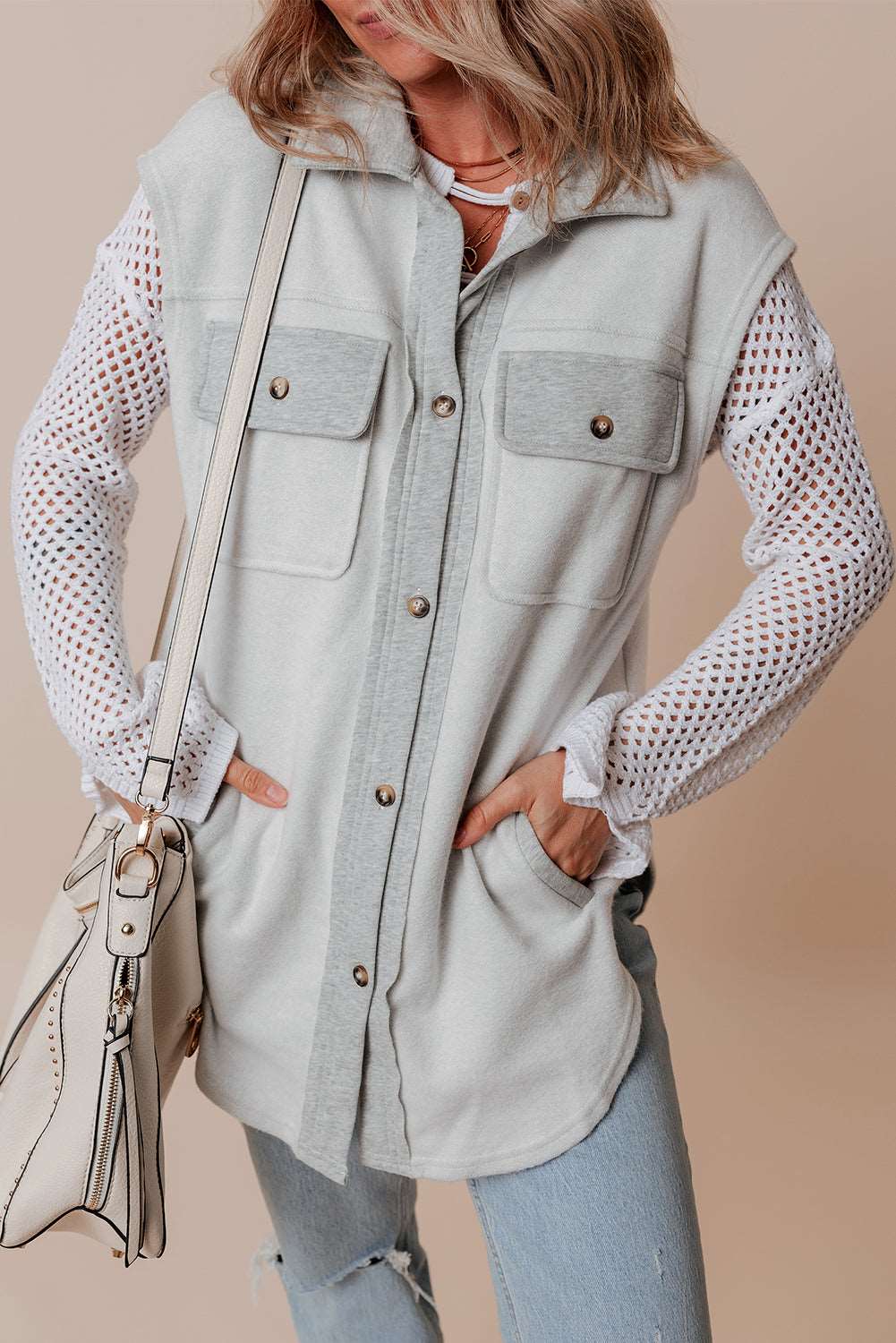 Light Grey Flap Pockets Contrast Buttons Front Jacket Vest