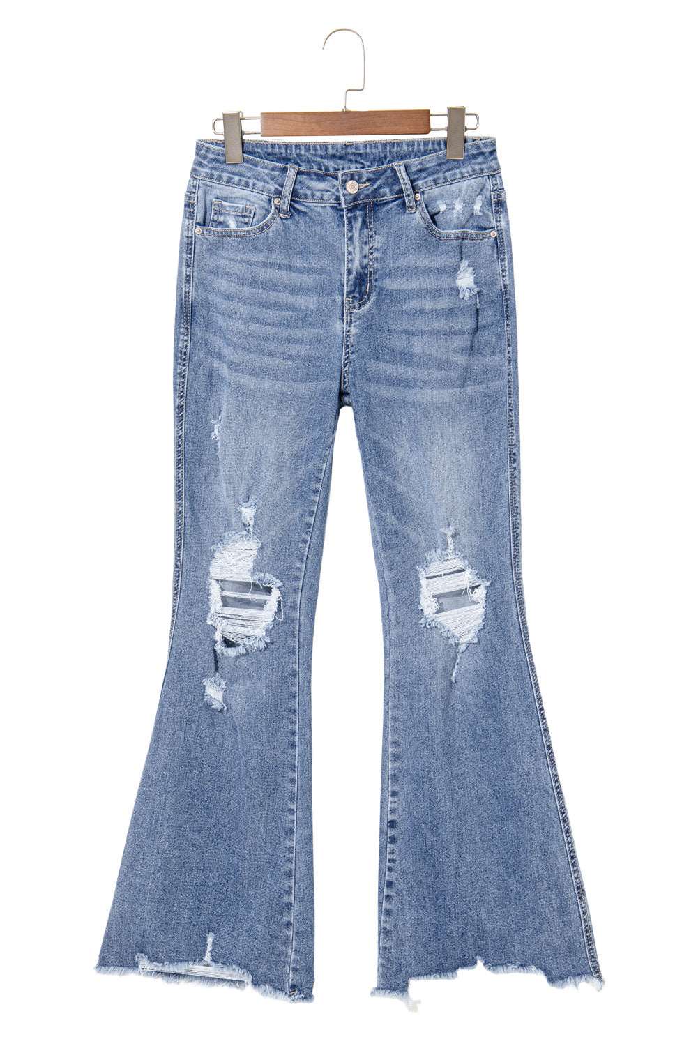 Dusk Blue High Rise Ripped Distressed Hem Flared Jeans