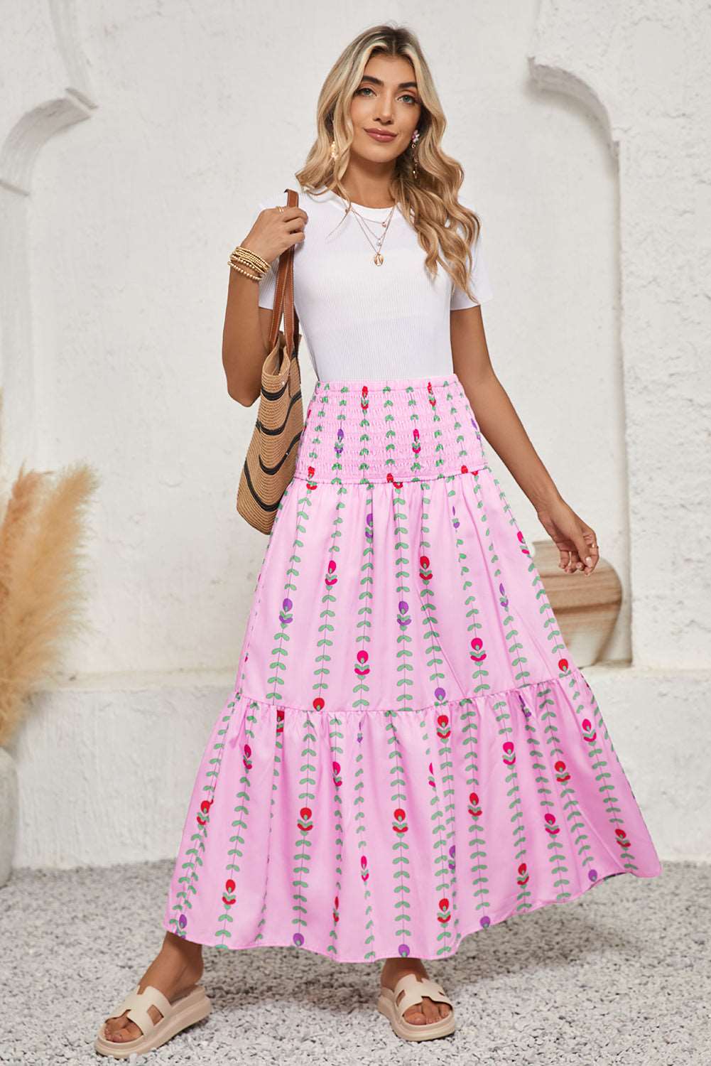 Pink Smocked Waist Tiered Maxi Skirt