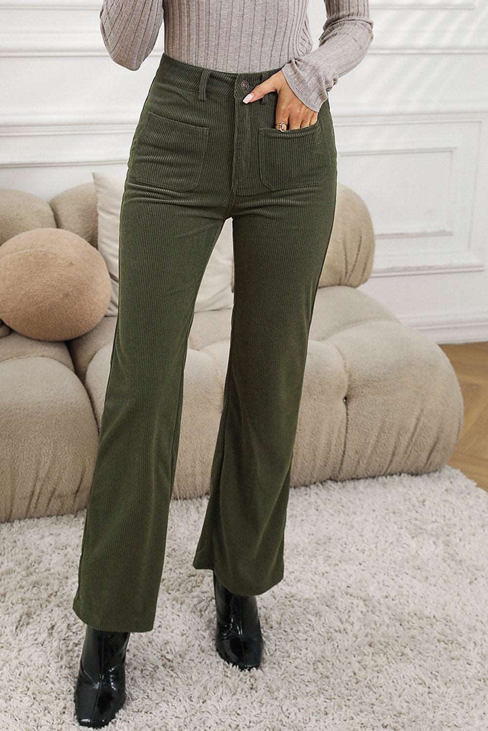 Brown High Waist Pockets Corduroy Flare Leg Pants