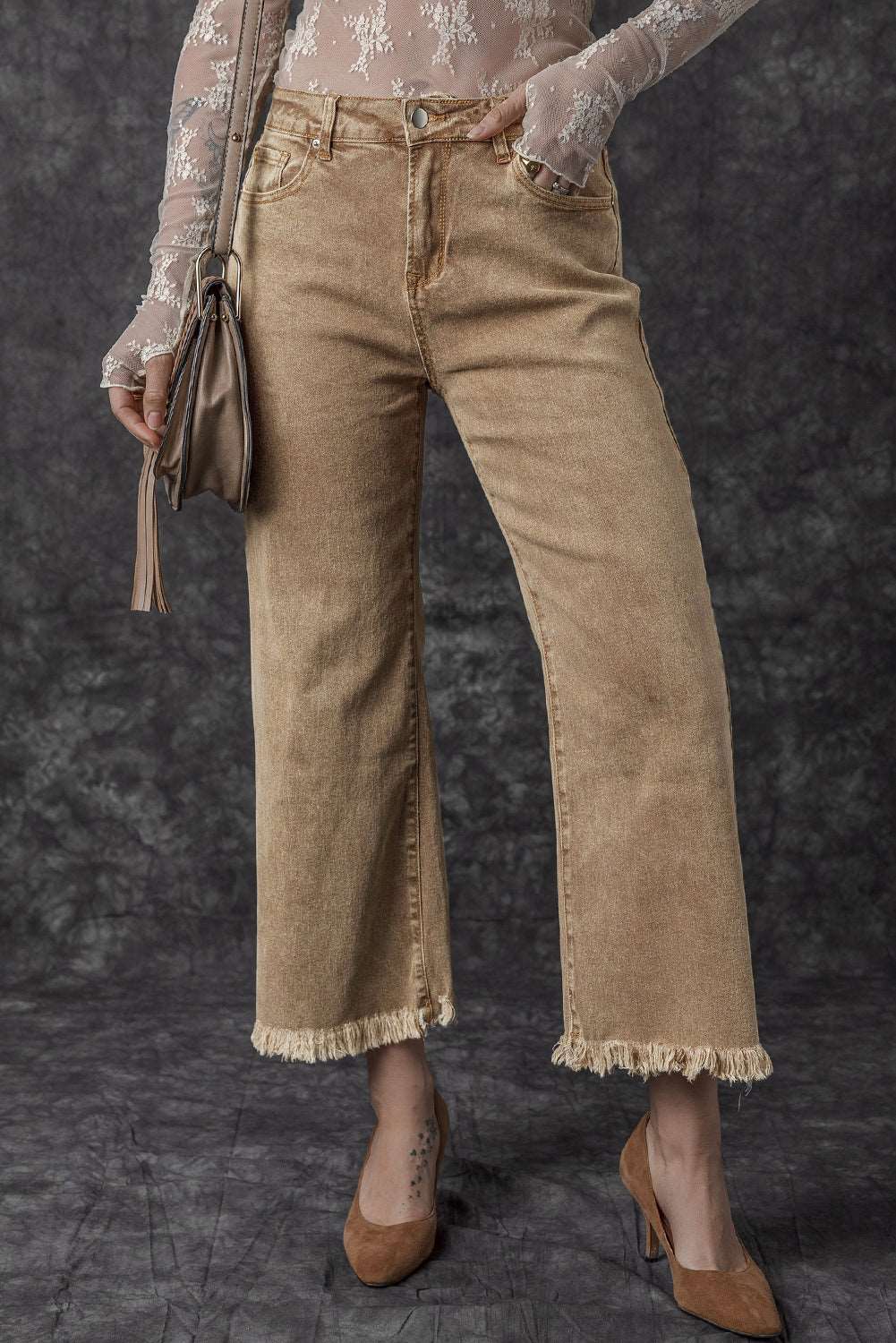 Light French Beige Acid Washed High Rise Cropped Jeans