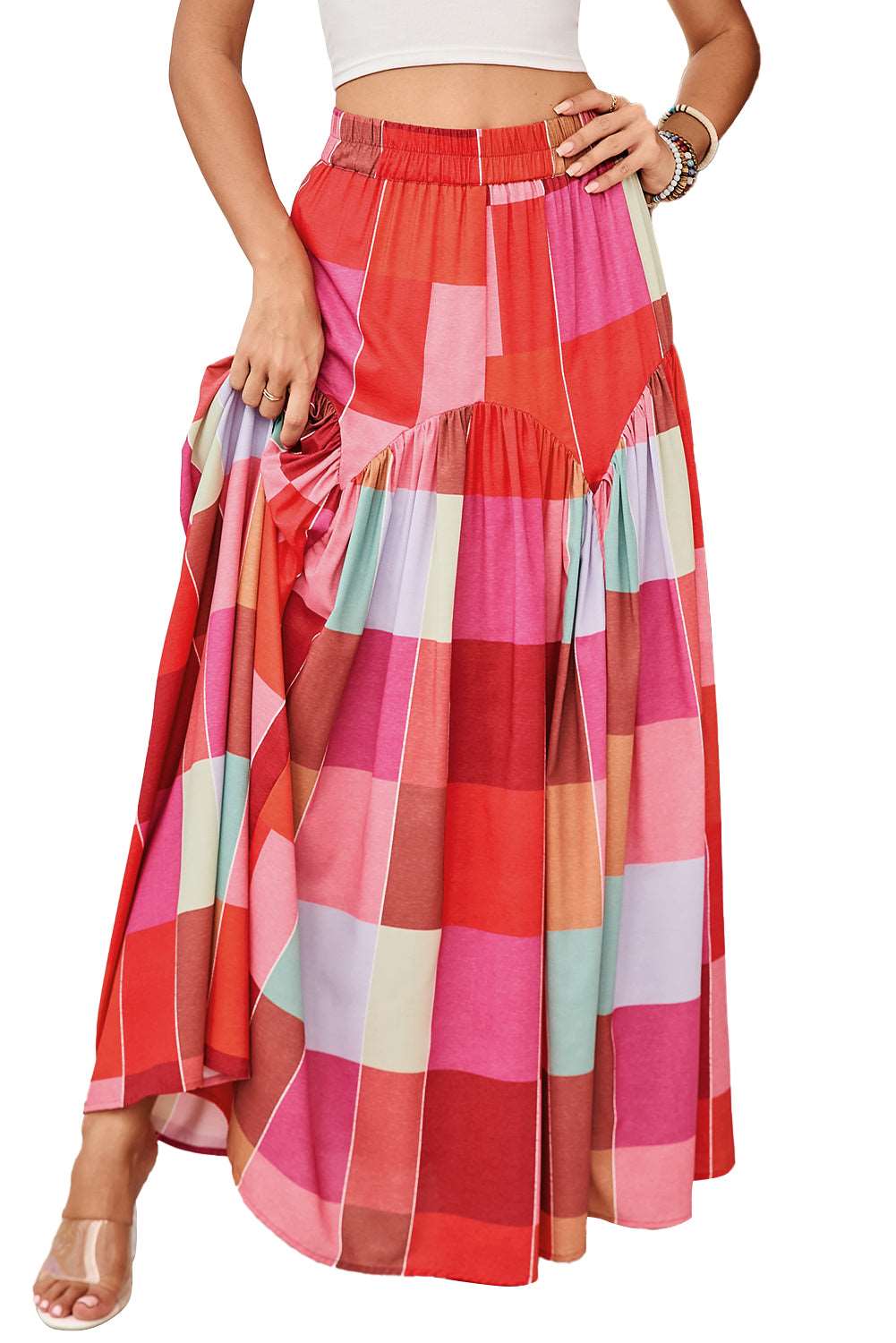 Multicolor Plaid Boho High Waist Maxi Skirt