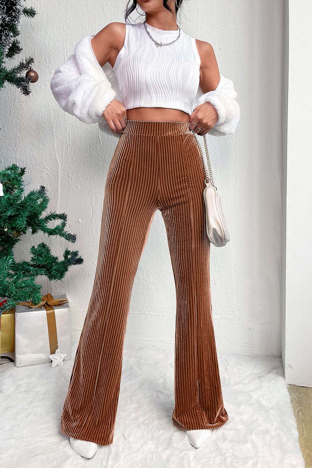 Chestnut Solid Color High Waist Corduroy Flare Pants