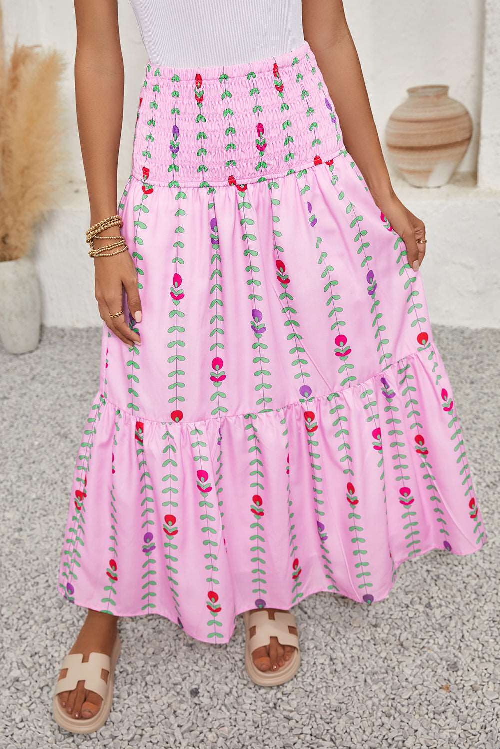 Pink Smocked Waist Tiered Maxi Skirt