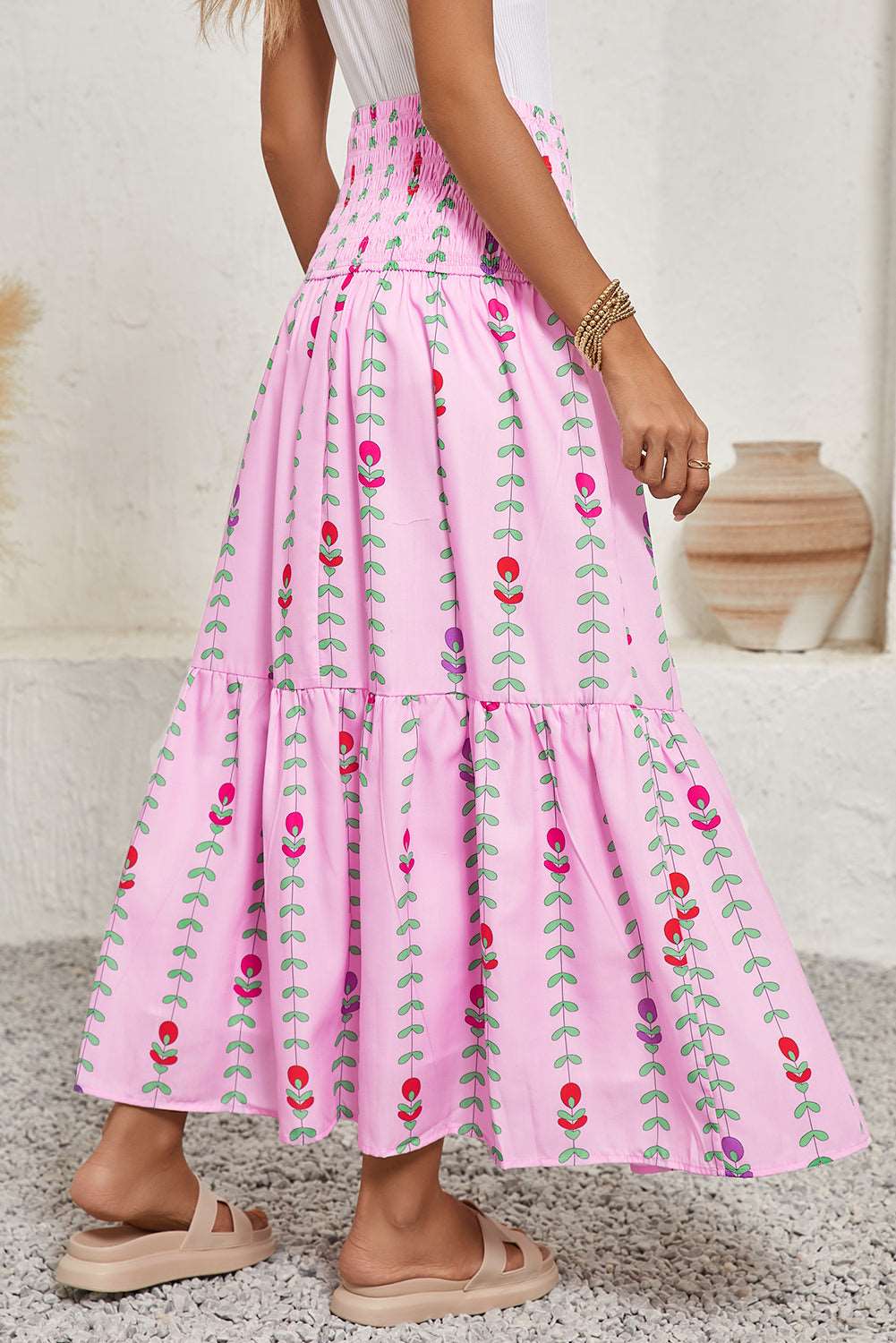 Pink Smocked Waist Tiered Maxi Skirt