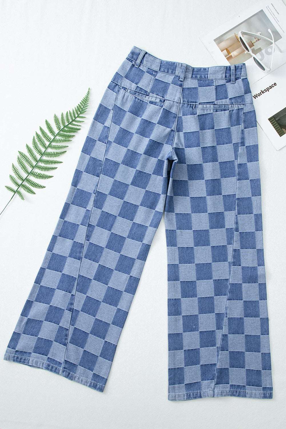 Dusk Blue Checkered Light Washed Wide Leg Jeans