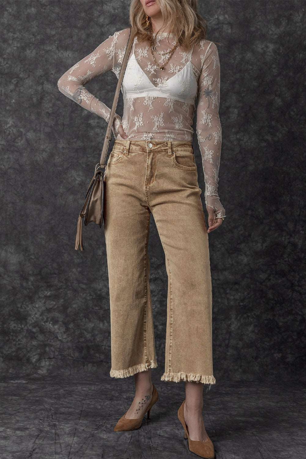 Light French Beige Acid Washed High Rise Cropped Jeans