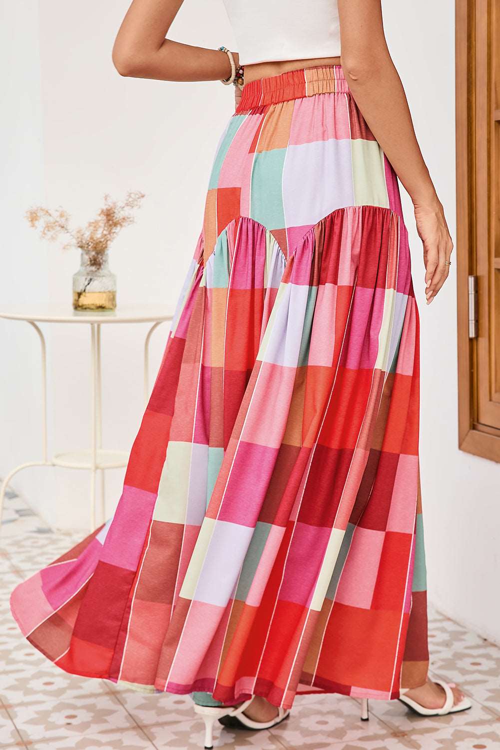 Multicolor Plaid Boho High Waist Maxi Skirt