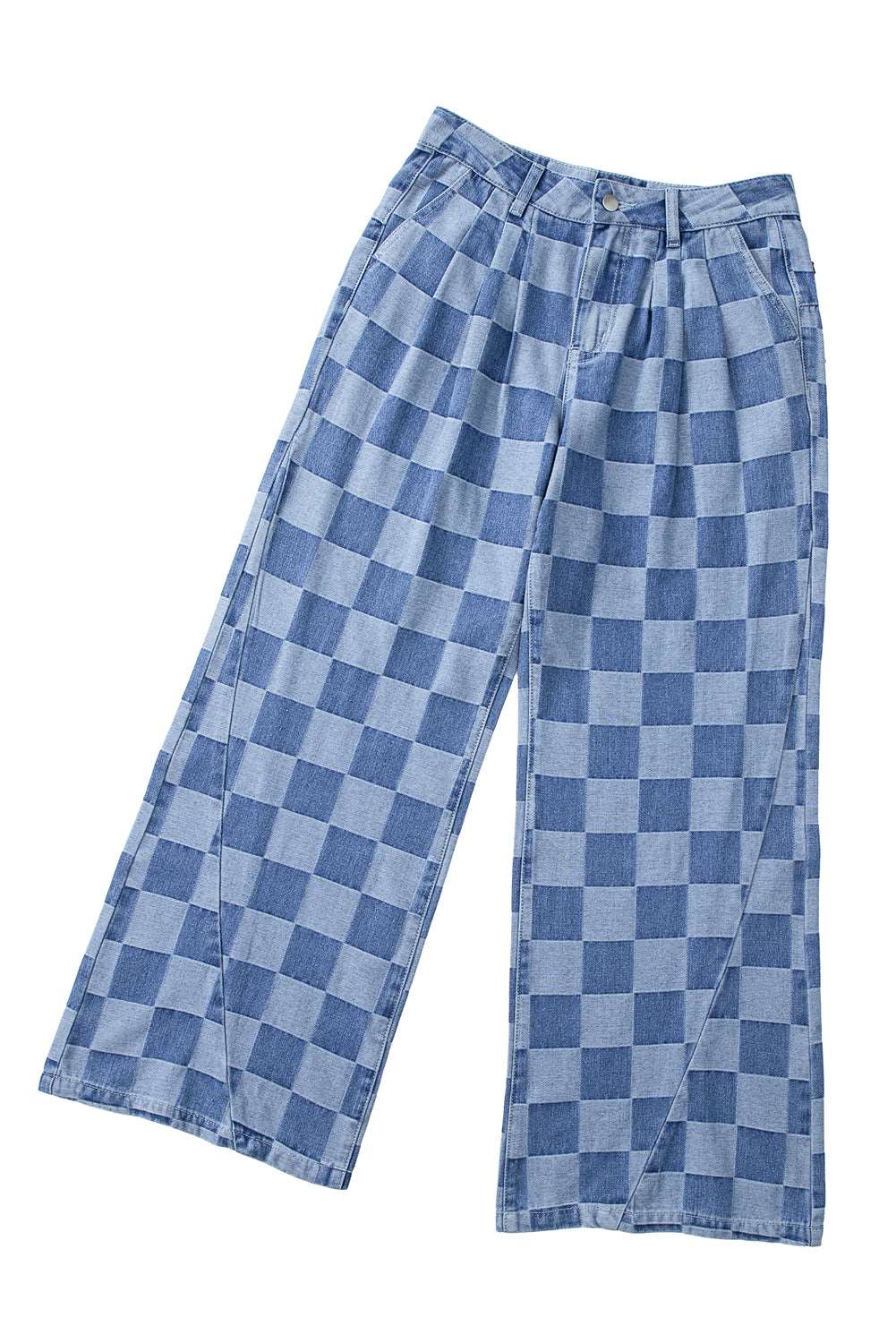 Dusk Blue Checkered Light Washed Wide Leg Jeans