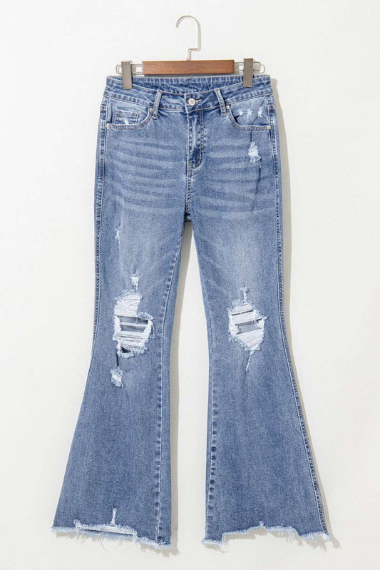 Dusk Blue High Rise Ripped Distressed Hem Flared Jeans