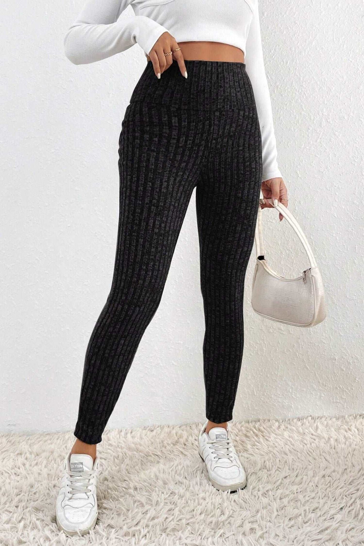 Gray Wide Waistband Ribbed Textured Knit Leggings