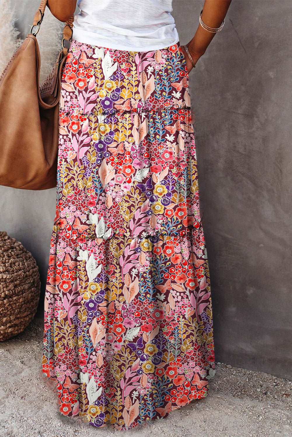 Multicolor Boho Floral Print High Waist Maxi Skirt