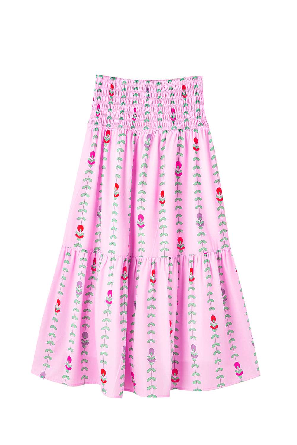 Pink Smocked Waist Tiered Maxi Skirt