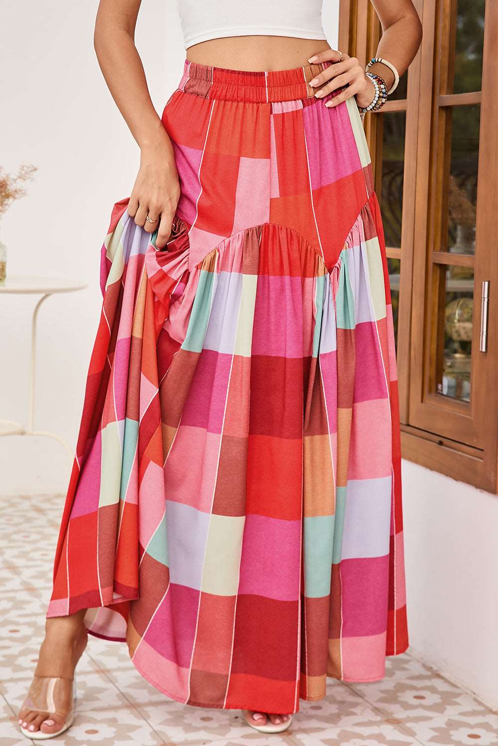 Multicolor Plaid Boho High Waist Maxi Skirt